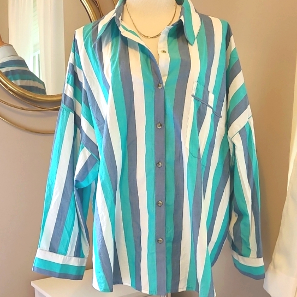Anthropologie Blue and White Striped Button Down Shirt